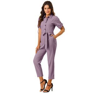 Short Sleeve Collar Crop Button Down Tie Waist Cotton Cargo Jumpsuit DustyPurple